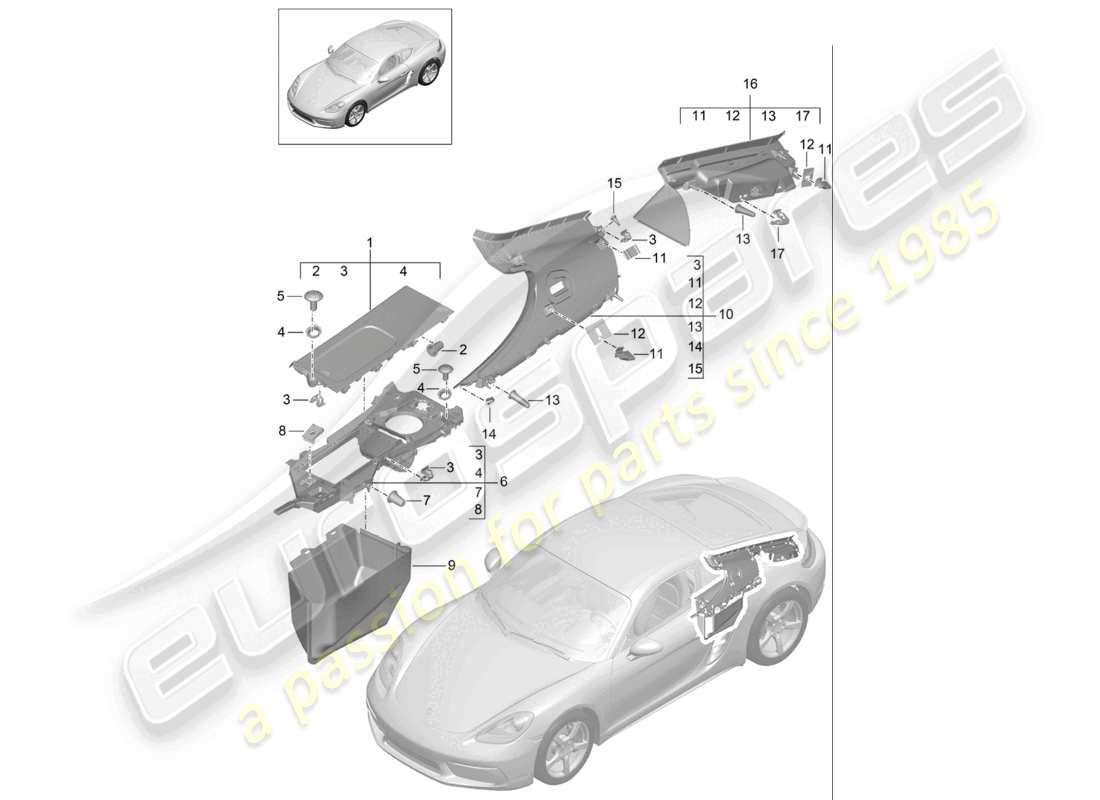 porsche 2021 (718 cayman) garnitures latérales arrière compartiment moteur et schéma des pièces du compartiment moteur