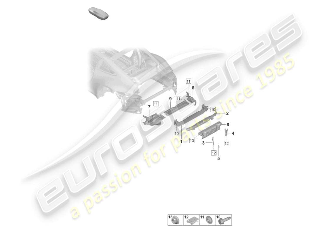 porsche 2022 (992-1) schéma des pièces du support de pare-chocs arrière et du bouclier thermique
