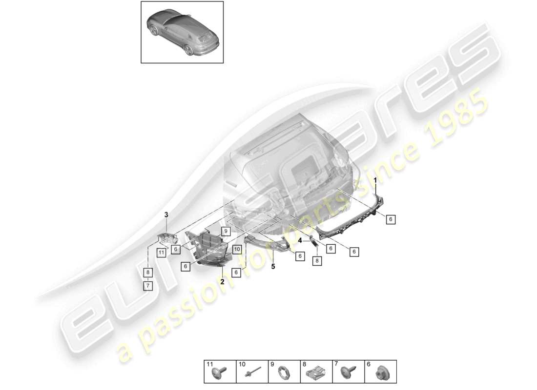 porsche 2021 (panamera 971-1) schéma des pièces de fixation du pare-chocs arrière