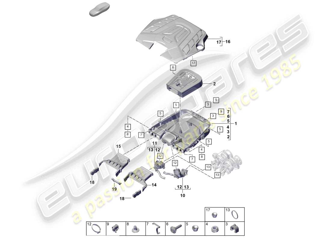 porsche 2025 (cayenne e3 pa) filtre à air avec pièces de connexion couvercle du moteur schéma des pièces