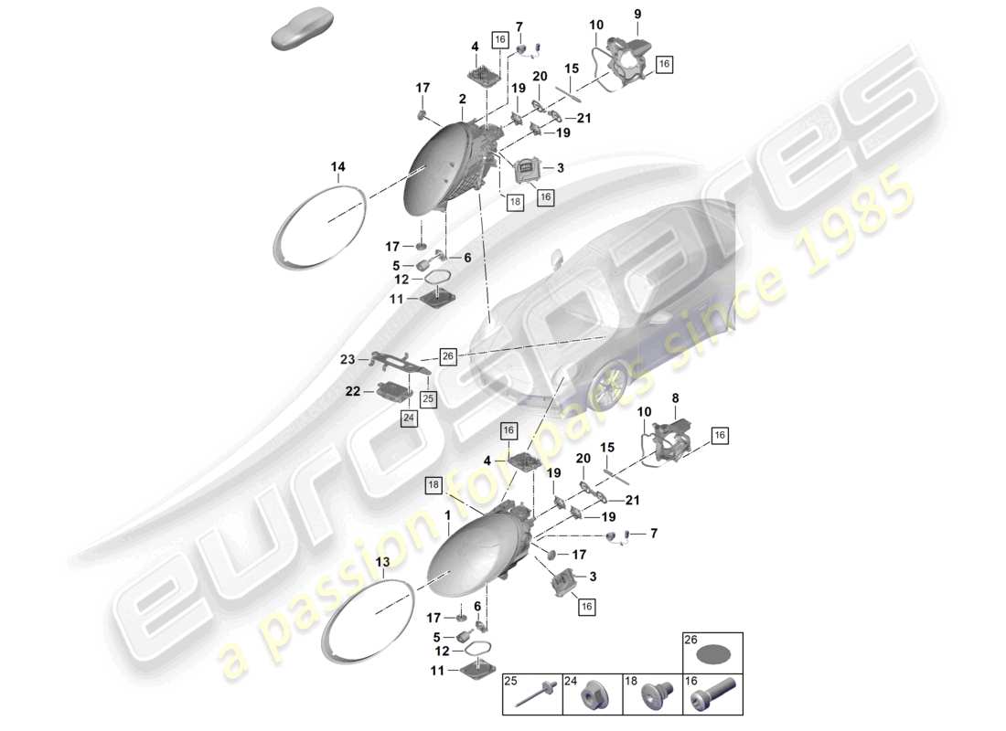 porsche 2024 (992-2) schéma des pièces du phare à led avec faisceau matriciel