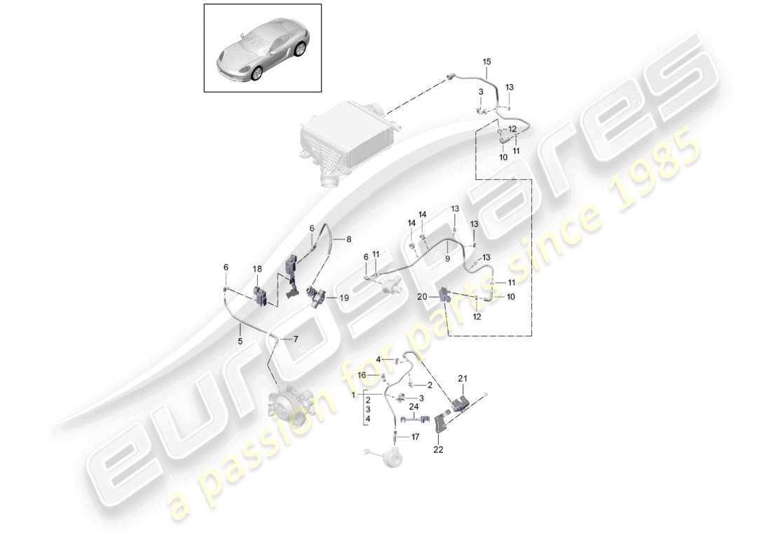 porsche 2024 (718 cayman) schéma des pièces de la soupape de décharge de la ligne de commande de la pompe à liquide de refroidissement de la soupape de dérivation