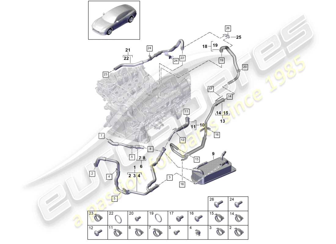 porsche 2021 (panamera 971-1) système de refroidissement du liquide de refroidissement pour véhicules à propulsion hybride schéma des pièces