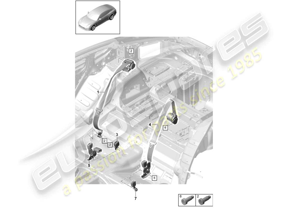 porsche 2021 (panamera 971-1) schéma des pièces de la ceinture de sécurité avec tendeur de ceinture arrière