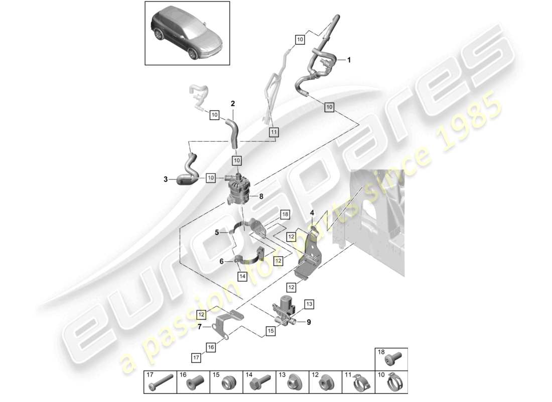 porsche 2024 (cayenne e3 9ya/9yb) chauffage r4 circuit basse température avant gauche pour véhicules à propulsion hybride schéma des pièces
