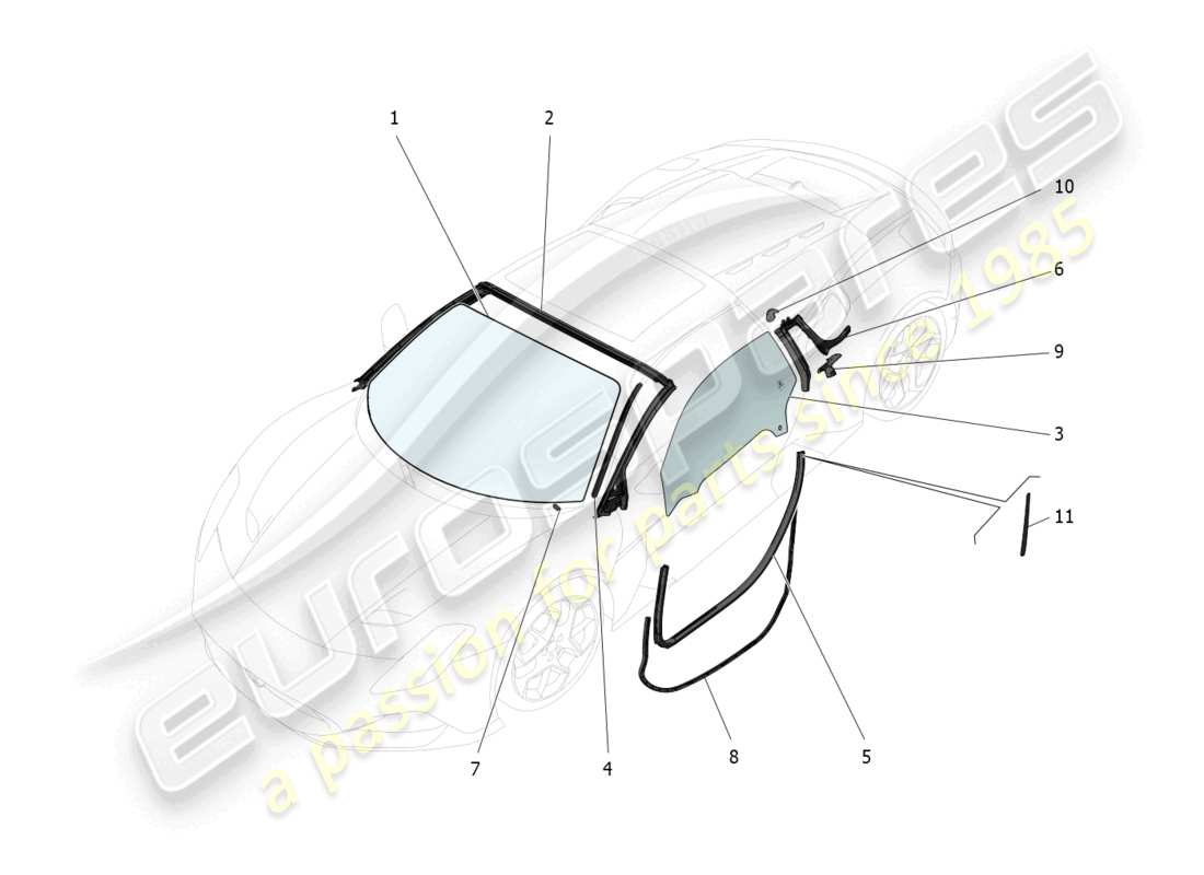 maserati mc20 cielo (2023) diagramme de pièces de fenêtres et de bandes de fenêtre