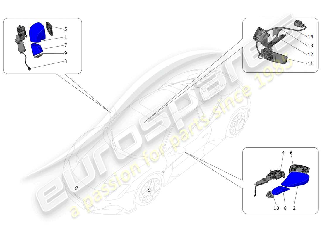 maserati mc20 (2022) schéma des pièces des rétroviseurs internes et externes