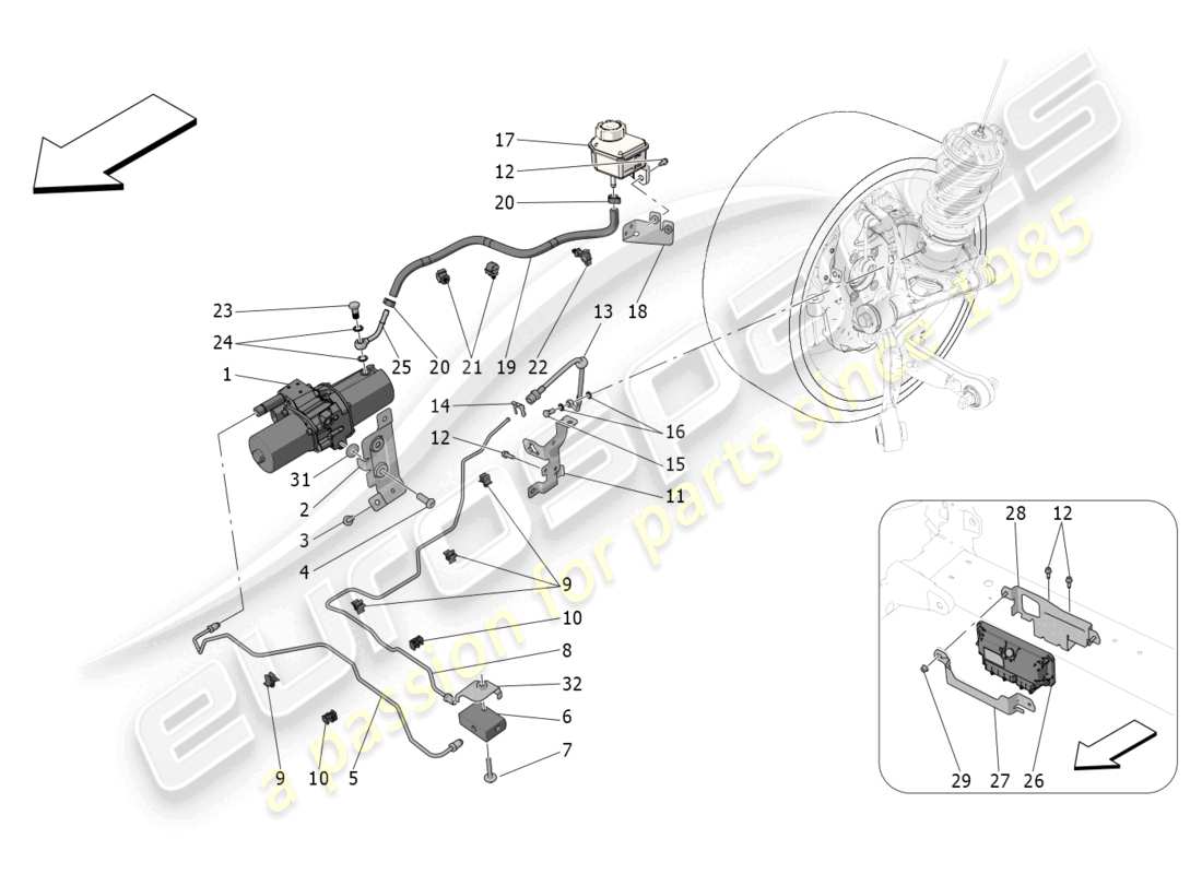 maserati mc20 (2023) système hydraulique levage de l'essieu avant schéma des pièces