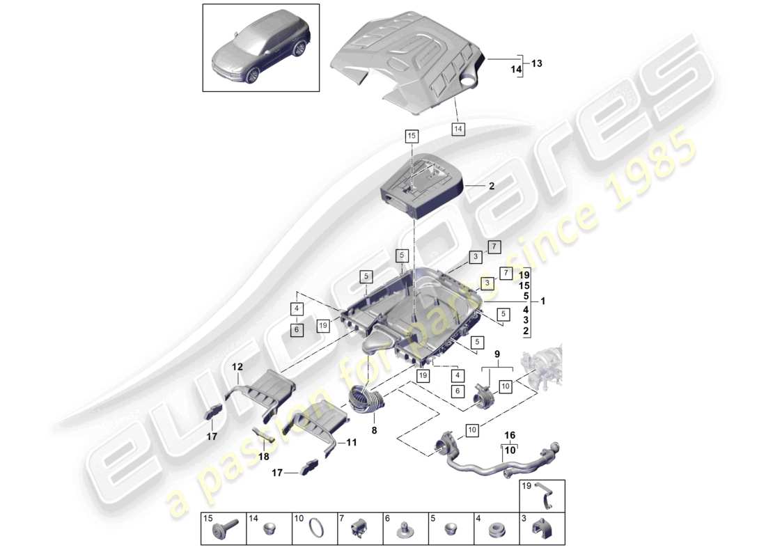 porsche 2021 (cayenne e3 9ya/9yb) filtre à air avec pièces de connexion couvercle du moteur schéma des pièces