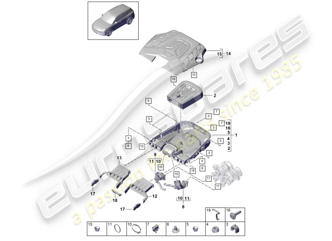 porsche 2021 (cayenne e3 9ya/9yb) filtre à air avec pièces de connexion couvercle du moteur schéma des pièces