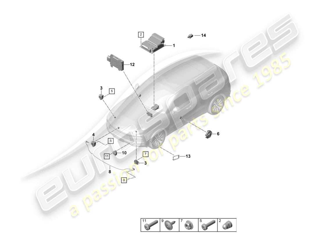 porsche 2021 (cayenne e3 9ya/9yb) unité de contrôle capteurs airbag capteur de pression protection des piétons schéma des pièces