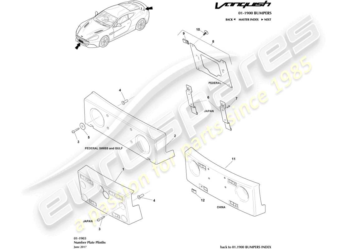 aston martin vanquish (2015) socles de plaque d'immatriculation schéma des pièces