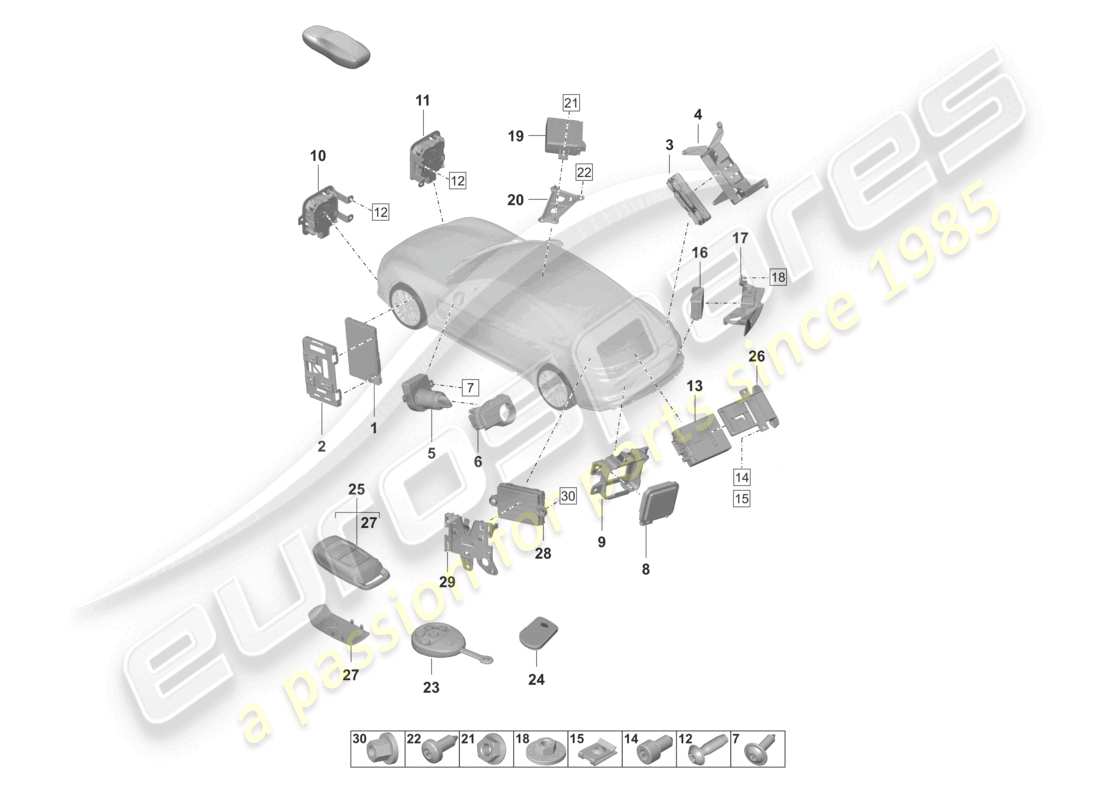 porsche 2024 (panamera 971-2) unités de commande partie avant partie arrière interrupteur d'allumage/démarreur chauffage auxiliaire unité de commande pour la régulation de la distance pour les véhicules avec assistance au changement de voie spoiler schéma des pièces