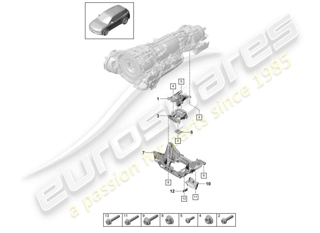 porsche 2021 (cayenne e3 9ya/9yb) schéma des pièces du support de transmission de montage de boîte de vitesses