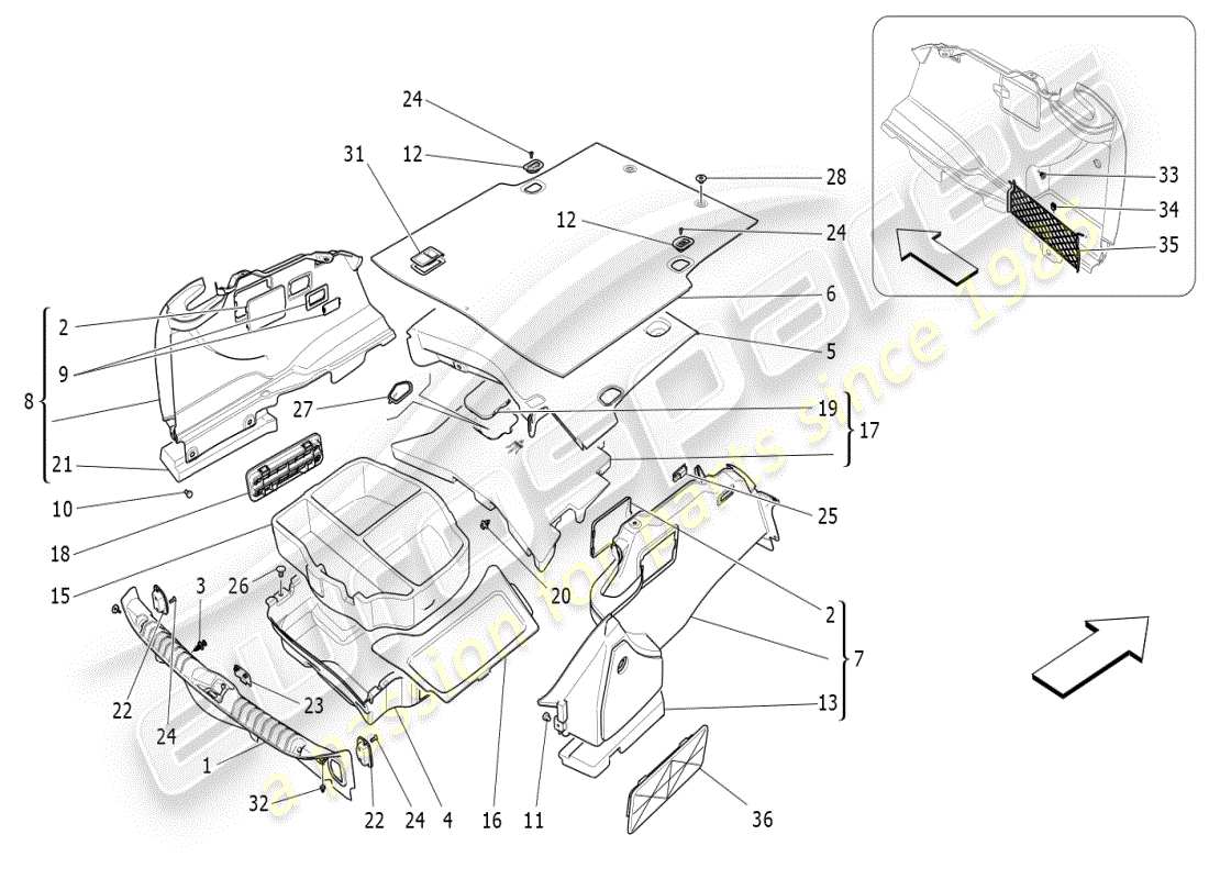 maserati ghibli (2021) schéma des pièces des tapis de coffre à bagages