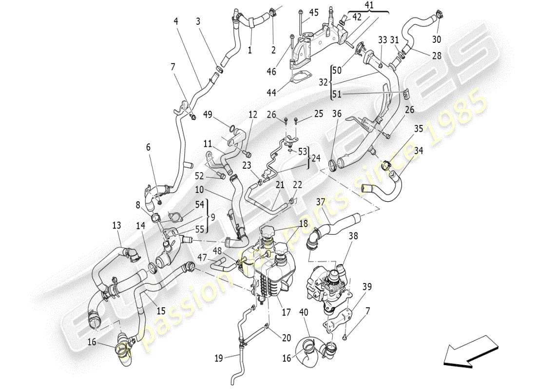 maserati ghibli (2021) système de refroidissement : diagramme de pièces nourice et lignes