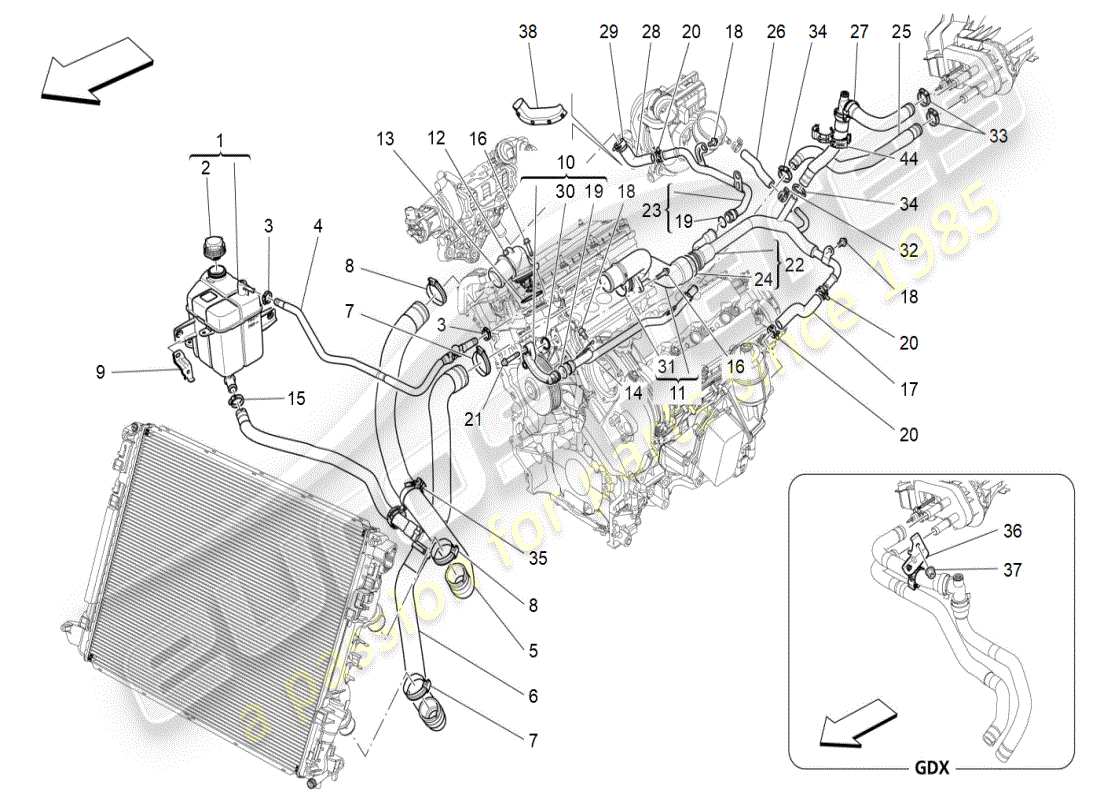 maserati ghibli (2019) système de refroidissement : diagramme de pièces nourice et lignes