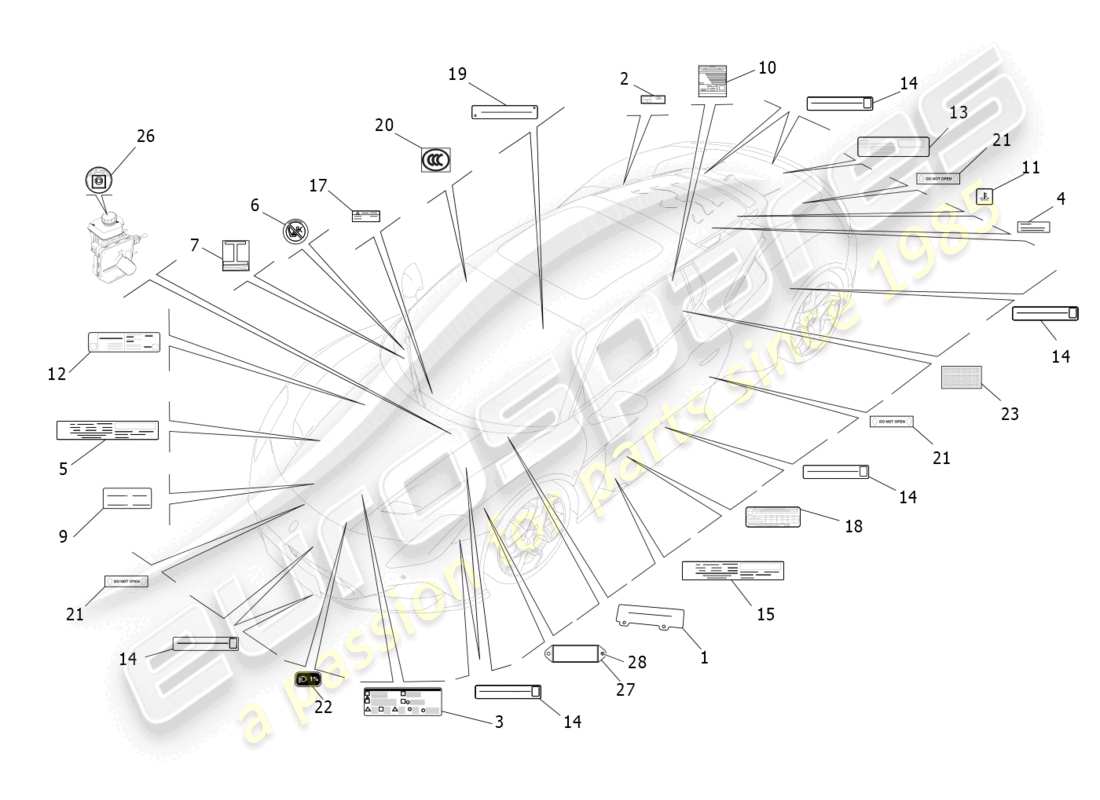 maserati mc20 (2023) diagramme de pièces d'autocollants et d'étiquettes