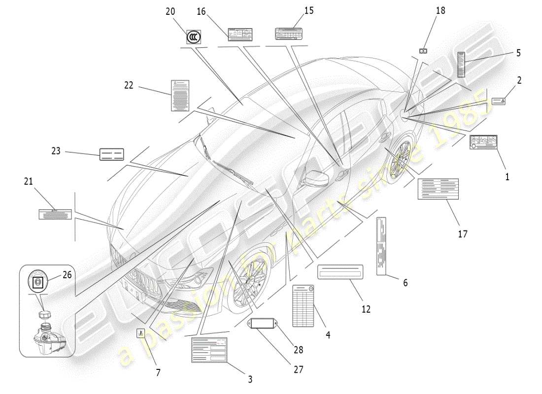 maserati ghibli (2019) diagramme de pièces d'autocollants et d'étiquettes