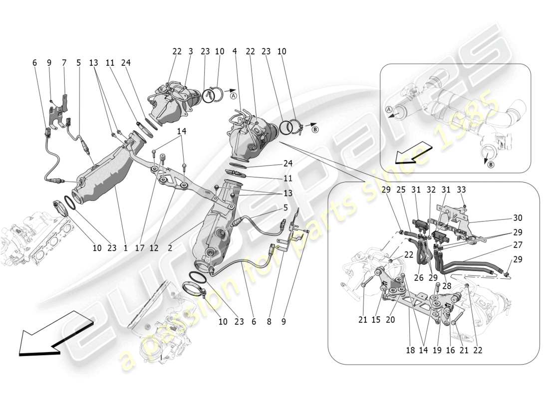 maserati mc20 (2023) convertisseurs précatalytiques et convertisseurs catalytiques schéma des pièces