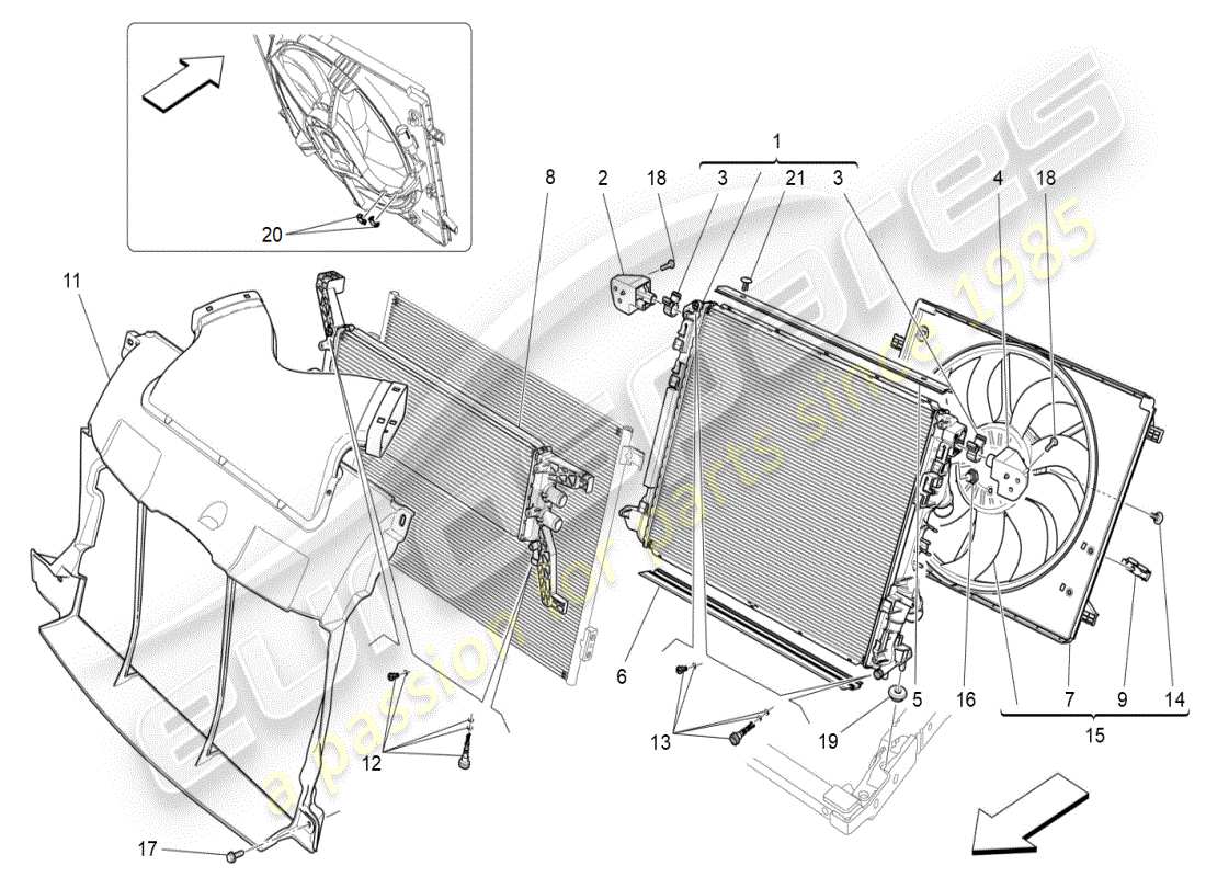 maserati ghibli (2020) refroidissement : diagramme de pièces des radiateurs et des conduits d'air