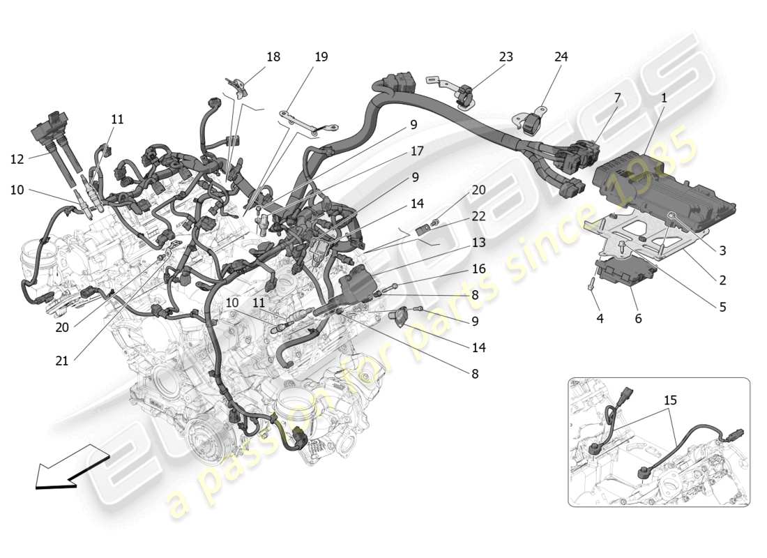 maserati mc20 (2022) commande électronique : diagramme des pièces de commande d'injection et de synchronisation du moteur