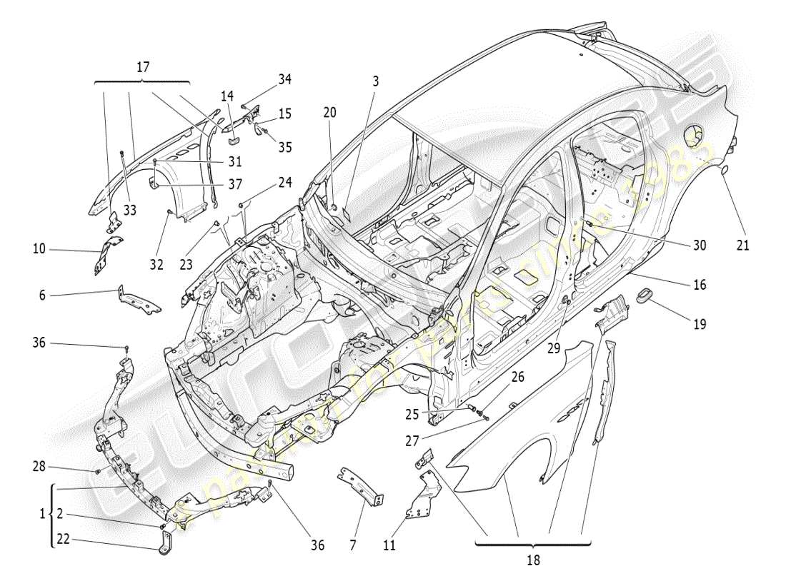 maserati ghibli (2019) schéma des pièces de la carrosserie et des panneaux de garniture extérieurs avant