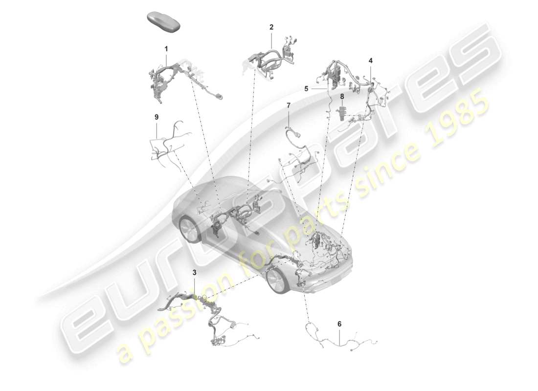 porsche 2023 (taycan 9j1-1) section de la pièce faisceau de câbles pour habitacle système de contrôle de la pression des pneus du couvercle arrière capteur de température pour circuit de liquide de refroidissement schéma des pièces
