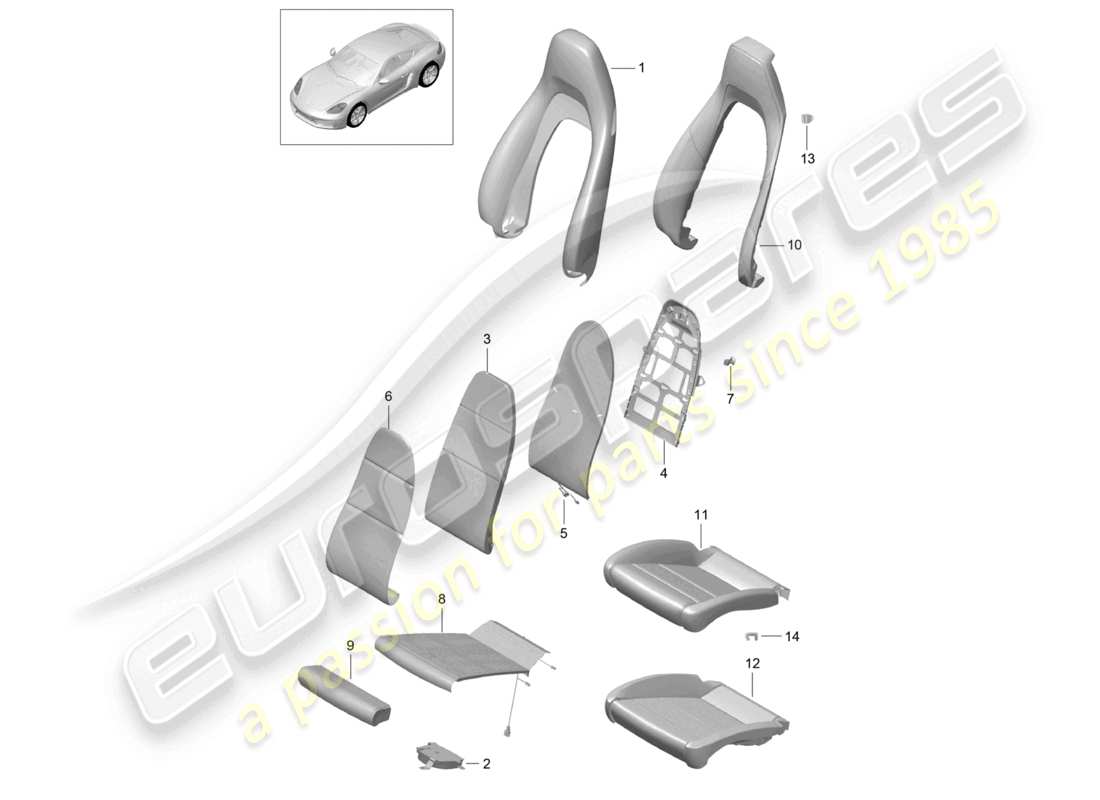 porsche 2021 (718 cayman) housses de dossier en mousse, housses de siège, siège sport, schéma des pièces plus