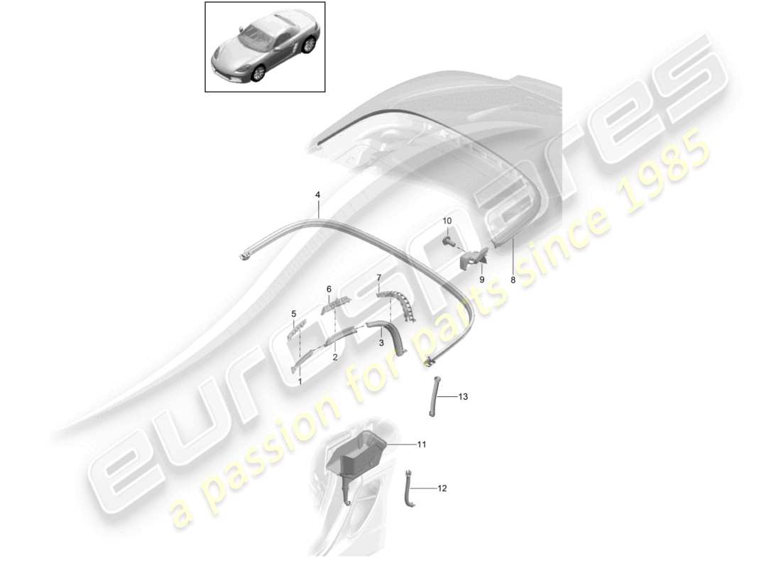 porsche 2023 (718 boxster) schéma des pièces du bac de récupération d'eau du joint de capote