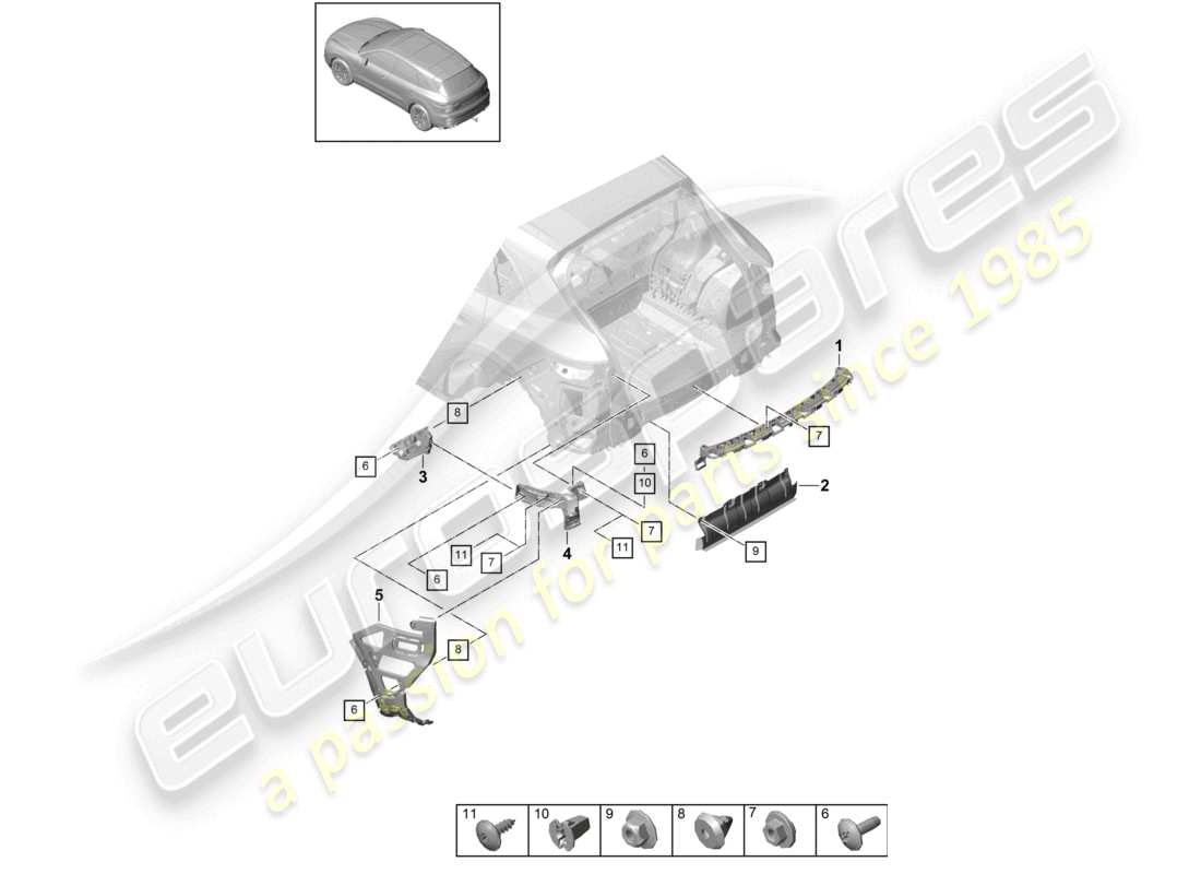 porsche 2024 (cayenne e3 9ya/9yb) schéma des pièces de base des fixations du pare-chocs arrière