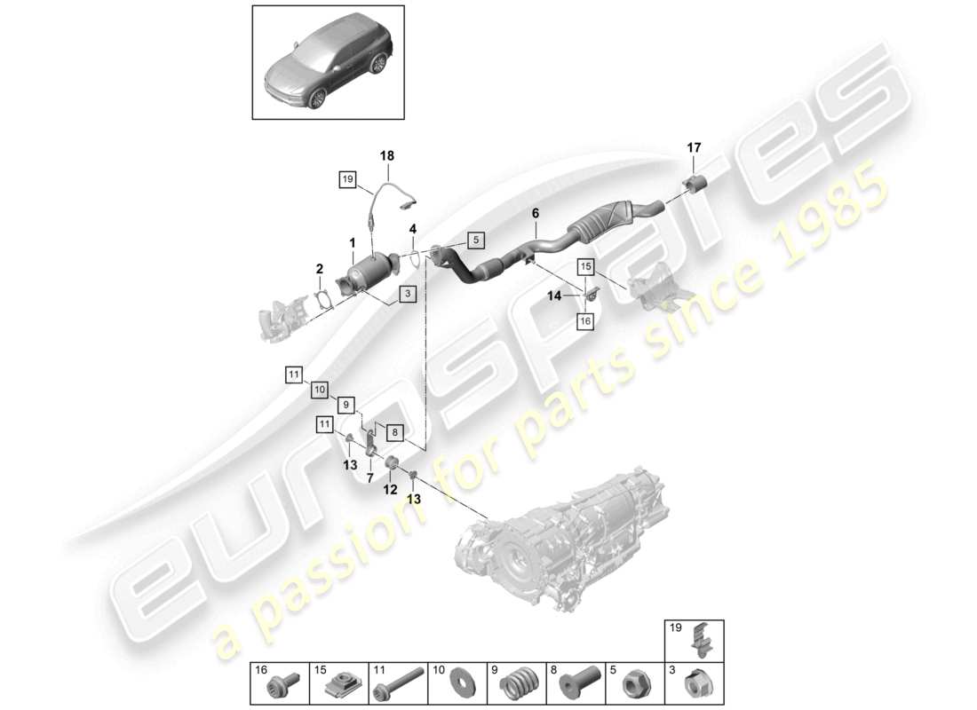 porsche 2024 (cayenne e3 9ya/9yb) système d'échappement convertisseur catalytique tuyau d'échappement avec silencieux avant sonde lambda schéma des pièces