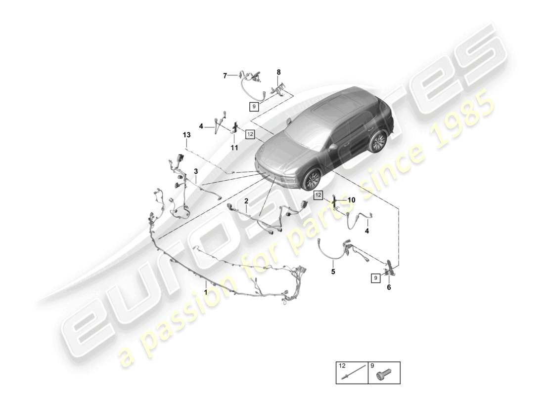 porsche 2022 (cayenne e3 9ya/9yb) schéma des pièces du pare-chocs des faisceaux de câbles