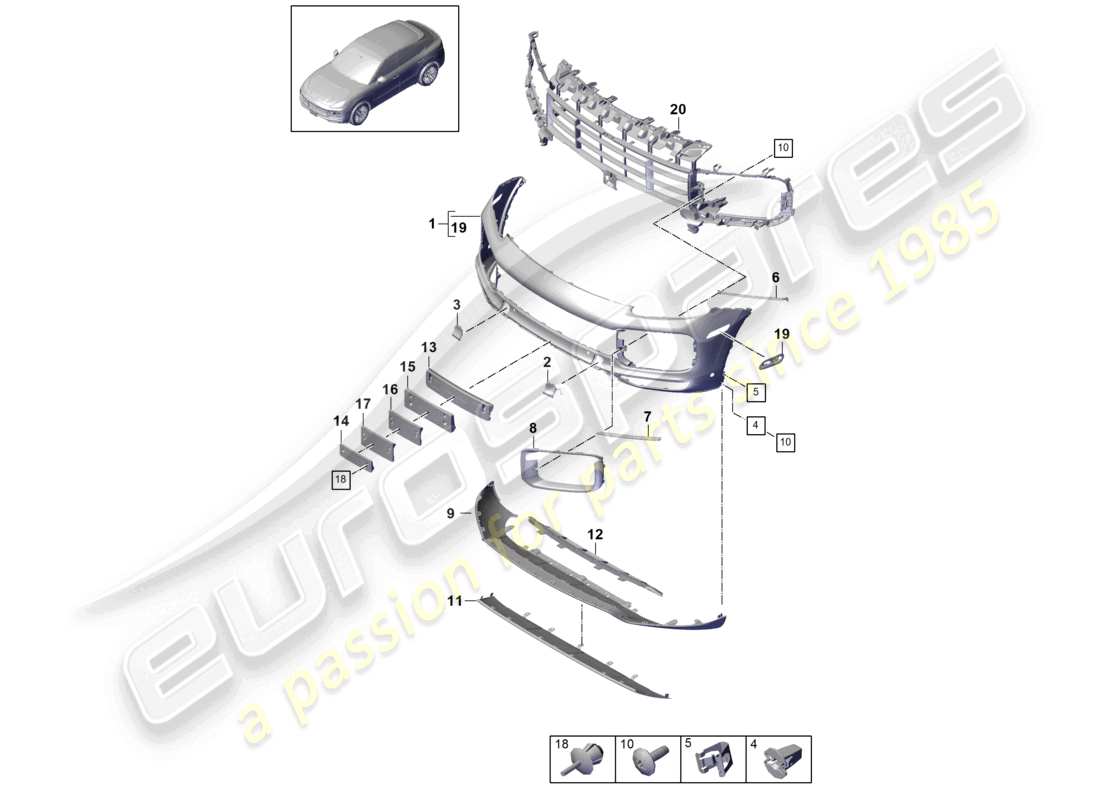 porsche 2024 (cayenne e3 9ya/9yb) schéma des pièces du pare-chocs avant du coupé turbo gt