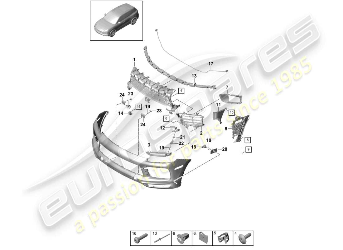 porsche 2024 (cayenne e3 9ya/9yb) pare-chocs pièces individuelles et fixations diagramme des pièces