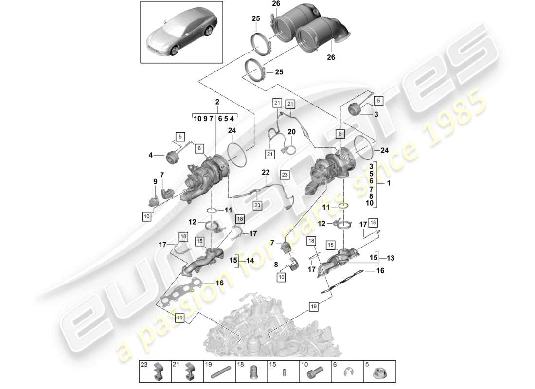 porsche 2021 (panamera 971-1) turbocompresseur à gaz d'échappement collecteurs d'échappement sonde lambda schéma des pièces