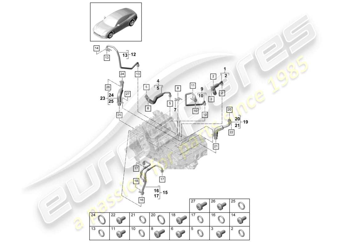 porsche 2021 (panamera 971-1) système de refroidissement du liquide de refroidissement pour turbocompresseur conduite de pression d'huile pour turbocompresseur à gaz d'échappement schéma des pièces