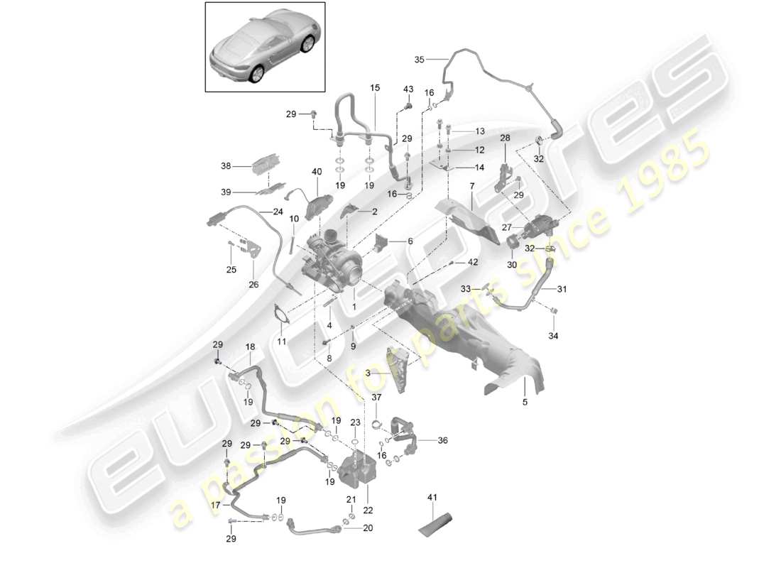 porsche 2021 (718 cayman) turbocompresseur à gaz d'échappement avec : isolation thermique tuyau d'huile tuyau de liquide de refroidissement schéma des pièces