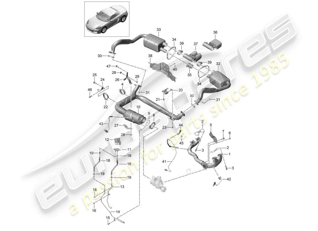 porsche 2023 (718 boxster) système d'échappement silencieux convertisseur catalytique pour véhicules équipés d'un filtre à particules essence schéma des pièces