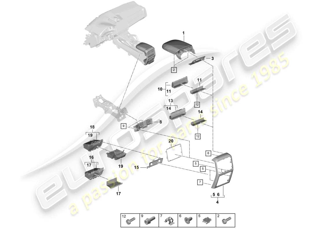 porsche 2024 (cayenne e3 9ya/9yb) schéma des pièces de la console centrale arrière