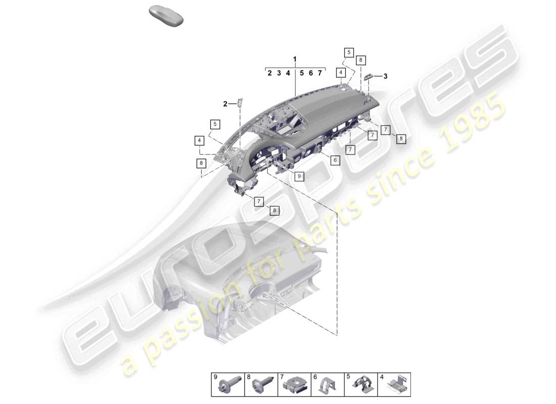 porsche 2024 (panamera 976) tableau de bord partie supérieure avec : fixations schéma des pièces