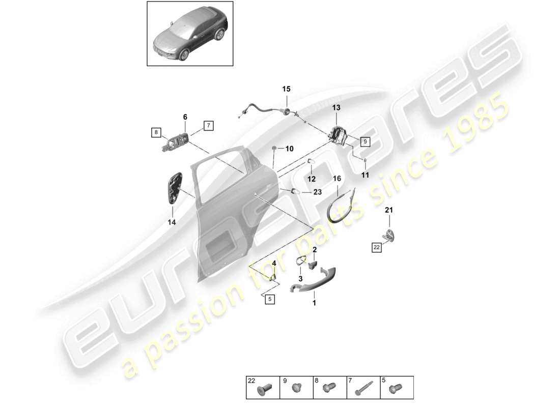 porsche 2024 (cayenne e3 9ya/9yb) poignée de porte, serrure de porte extérieure arrière, schéma des pièces du coupé