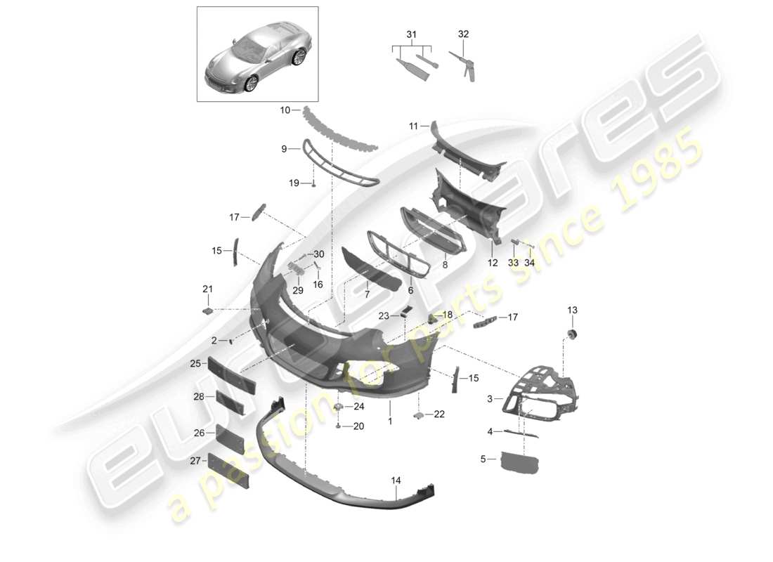 porsche 2021 (991-2 r/gt3/rs) schéma des pièces du becquet avant du pare-chocs
