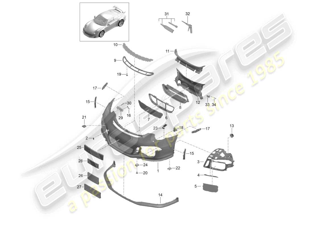 porsche 2021 (991-2 r/gt3/rs) spoiler avant de pare-chocs d >>- mj 2017 schéma des pièces