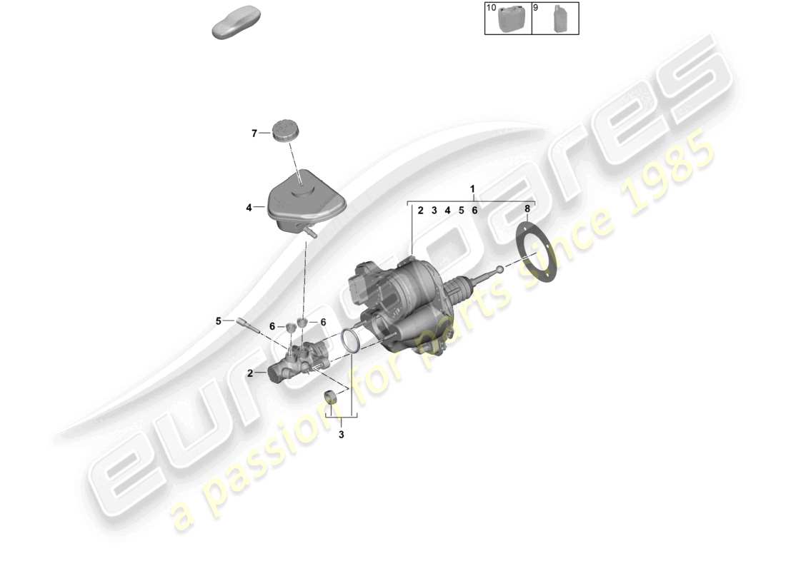 porsche 2025 (panamera 976) schéma des pièces du servofrein avec maître-cylindre de frein et réservoir de liquide de frein