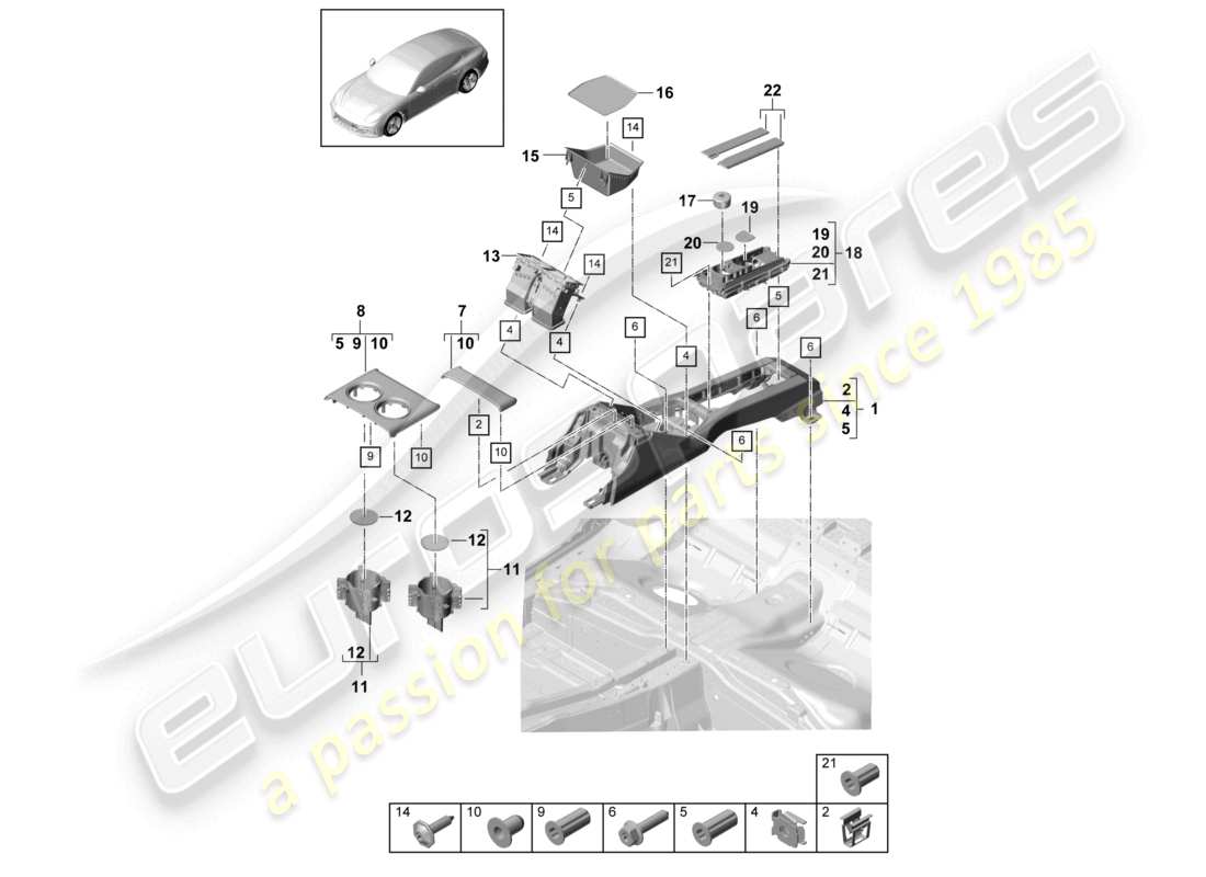 porsche 2021 (panamera 971-1) schéma des pièces de la console centrale arrière