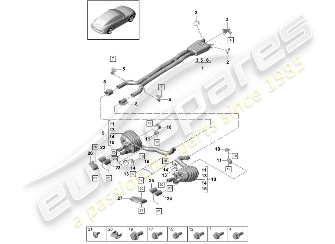 porsche 2021 (panamera 971-1) système d'échappement silencieux avant silencieux arrière tuyau d'échappement schéma des pièces