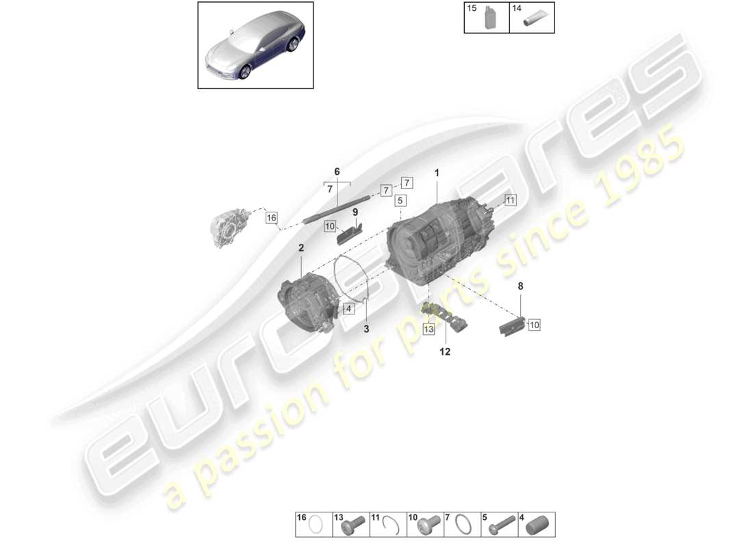 porsche 2021 (panamera 971-1) boîte de vitesses à double embrayage (pdk) pour véhicules à propulsion hybride. schéma des pièces