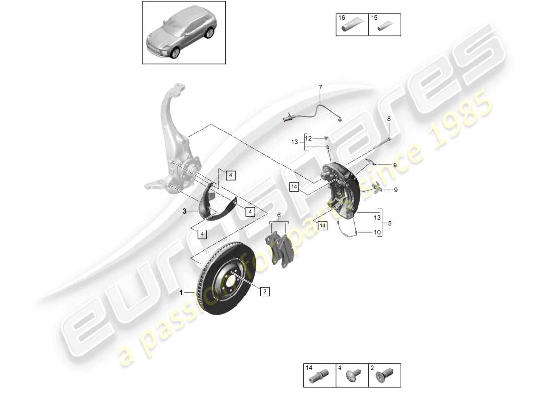 porsche 2021 (macan) schéma des pièces de l'essieu avant noir du frein à disque