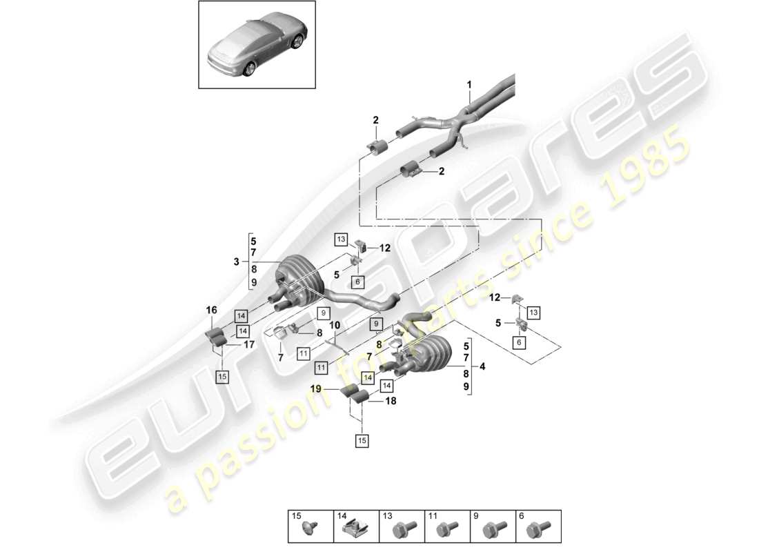 porsche 2021 (panamera 971-1) système d'échappement version sport et silencieux arrière pour véhicules avec équipement exclusif schéma des pièces du tuyau d'échappement